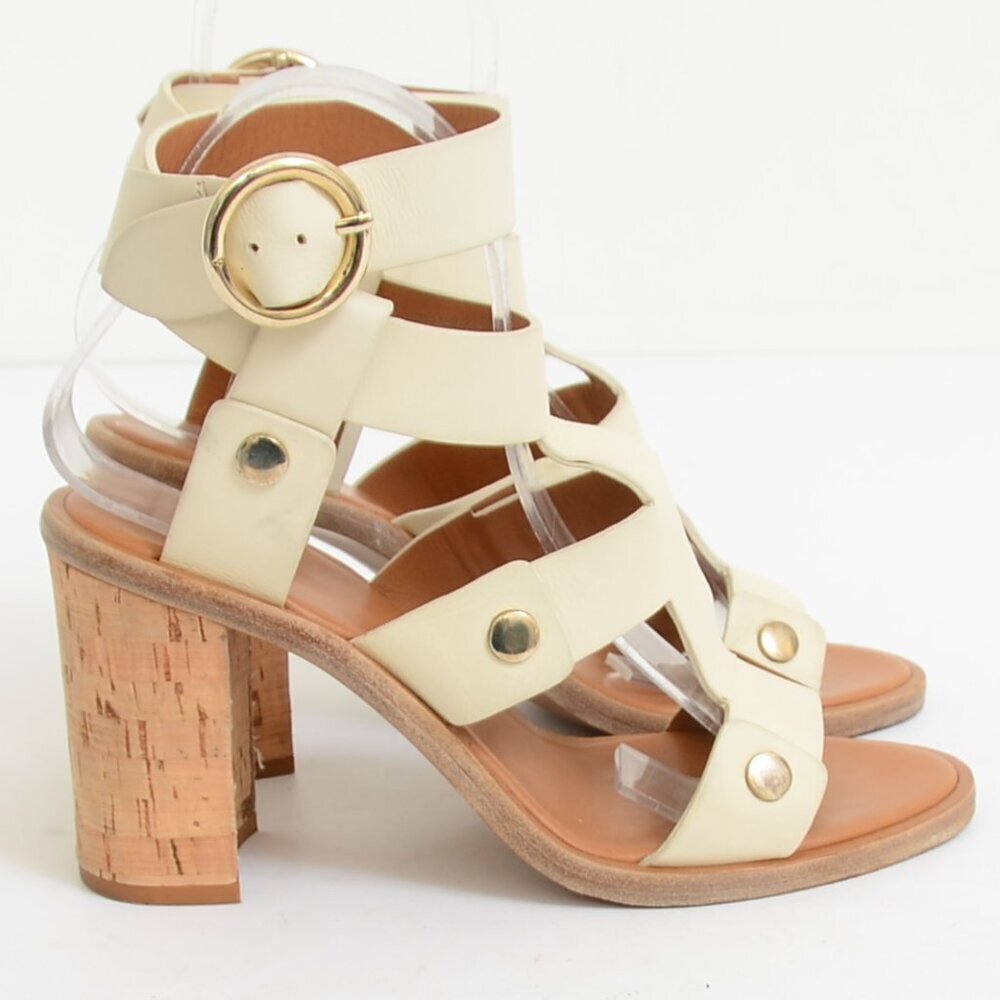 Frye Nina Rivet Leather Ankle-strap Sandals in Off White & Gold Women's Size 7